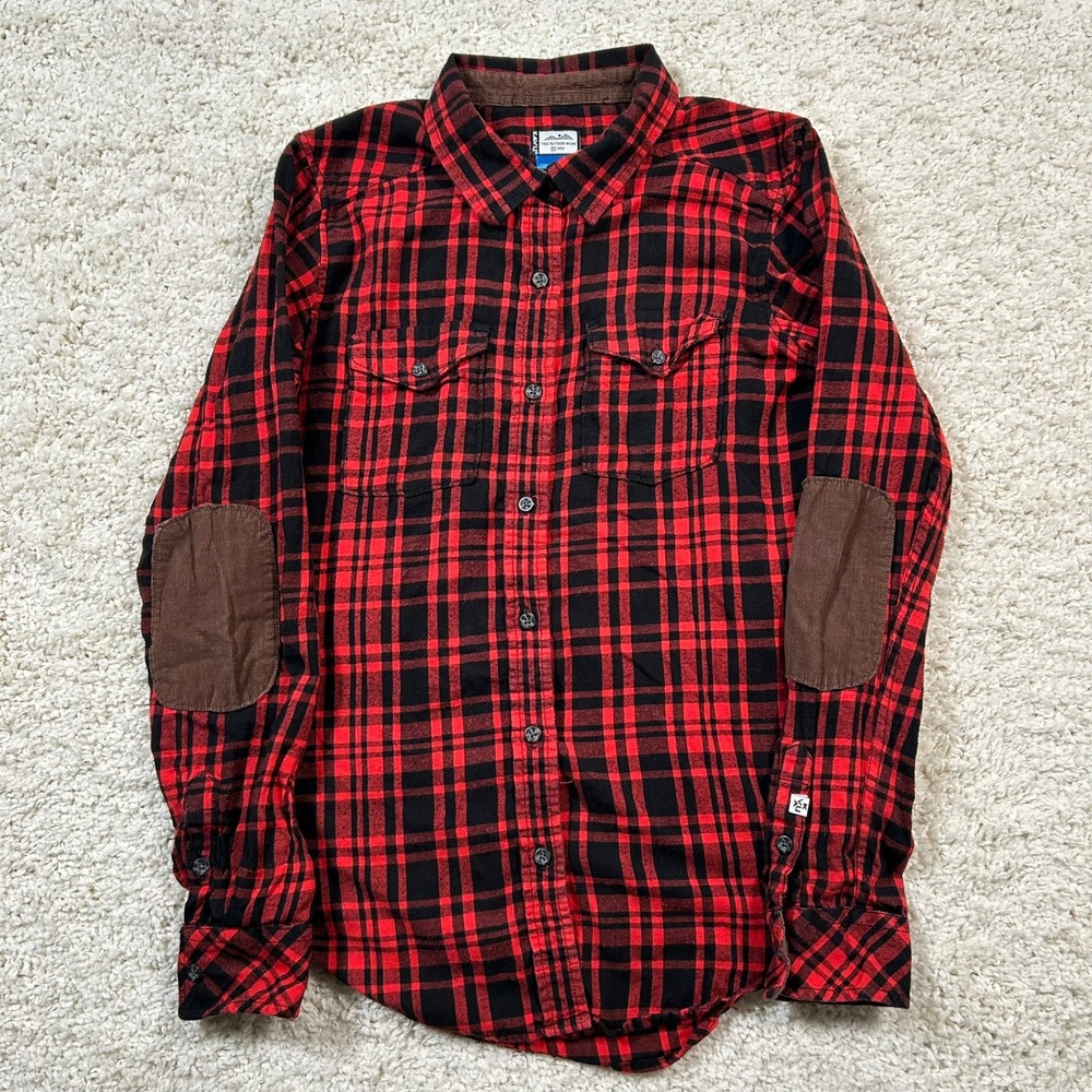 Kavu Flannel Shirt Small Red Black Buffalo Plaid Corduroy Elbow Patch Button Up